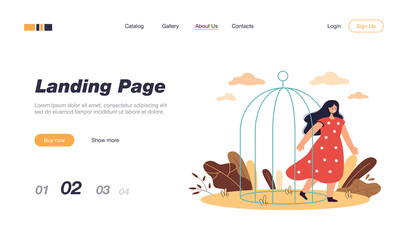 Poster - Happy woman leaving birdcage. Female cartoon coming out of cage, opening up flat vector illustration. Freedom, domestic violence, mental health concept for banner, website design or landing web page