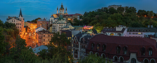 Wall Mural - View of St. Andrew's Church, Richard's Castle and the famous St. Andrew's Descent, where artists exhibited their work, Podil, Kyiv