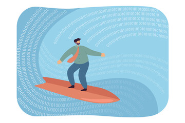 Businessman surfing on digital wave. Flat vector illustration. Person exploring virtual reality full of binary numbers and codes. Surfing, challenge, Internet concept for banner design