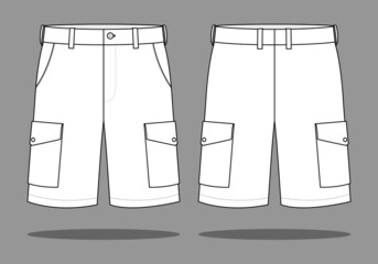 Wall Mural - White Cargo Short Pants Template Vector on Gray Background.Front and Back View.