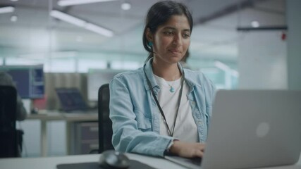 Poster - Diverse Office: Portrait of Beautiful Smiling Indian IT Programmer Working on Desktop Computer. Female Specialist Creating Innovative Software. Professional Engineer Develop Inspirational App