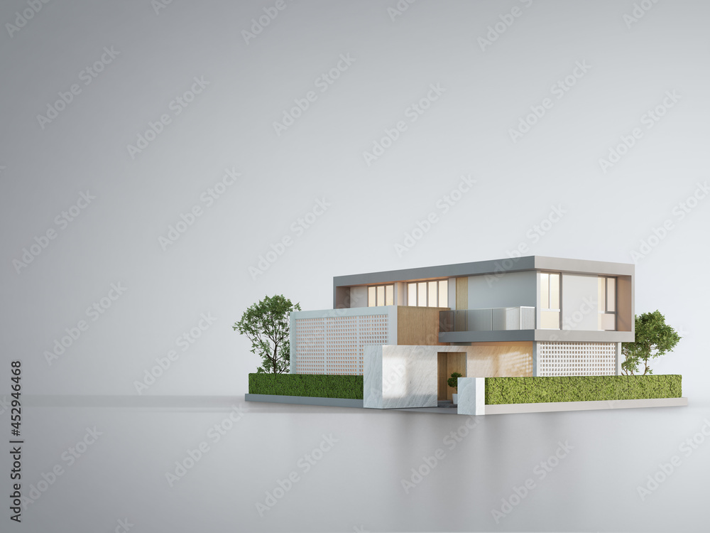 Modern house on white floor with empty wall background in real estate sale  or property investment concept. Buying new home for big family. 3d  illustration of residential building exterior. Stock Illustration |