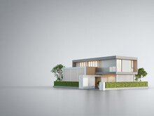 Modern House On White Floor With Empty Wall Background In Real Estate Sale Or Property Investment Concept. Buying New Home For Big Family. 3d Illustration Of Residential Building Exterior.