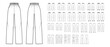 Set of Sweatpants leggings sport technical fashion illustration with normal low waist, high rise, full length, fitted oversized. Flat training template front, back white color. Women men CAD mockup