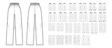 Set Of Sweatpants Leggings Sport Technical Fashion Illustration With Normal Low Waist, High Rise, Full Length, Fitted Oversized. Flat Training Template Front, Back White Color. Women Men CAD Mockup