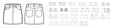 Set of Skirts technical fashion illustration with knee mini lengths silhouette, A-line, pencil circular fullness. Flat bottom template front, back, white color style. Women, men, unisex CAD mockup