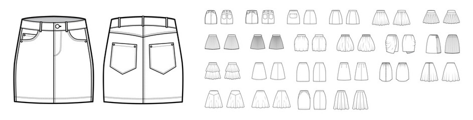 Sticker - Set of Skirts technical fashion illustration with knee mini lengths silhouette, A-line, pencil circular fullness. Flat bottom template front, back, white color style. Women, men, unisex CAD mockup