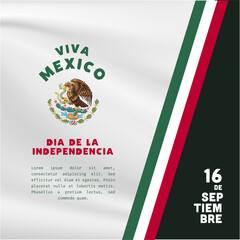 Wall Mural - Square Banner illustration of Mexico independence day celebration. Translation: September 16, Long live Mexico, Independence Day! Waving flag and hands clenched. Vector illustration.