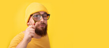 Man With Magnifier Over Yellow Background, Panoramic Layout