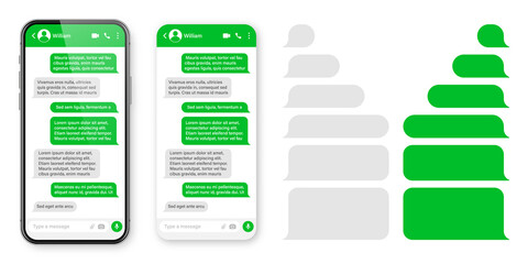Realistic smartphone with messaging app. Blank SMS text frame. Conversation chat screen with green message bubbles. Social media application. Vector illustration.