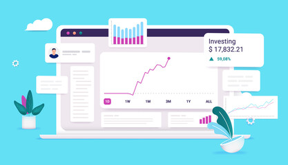 Poster - Investing online - Investment webpage on laptop computer with user interface, and charts showing profits. Profitable stock market trading concept. Vector illustration
