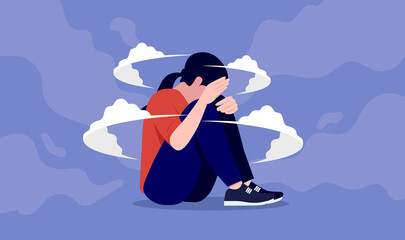 Girl with anxiety - Vector illustration of woman sitting on floor feeling anxious and depressed. Female mental health concept