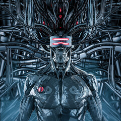 Wall Mural - master of the machine - 3d illustration of metallic science fiction male humanoid cyborg inside futu