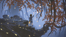 Young Woman Collecting The Glowing Leaves That Falling From The Trees, Digital Art Style, Illustration Painting