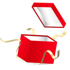 Red open gift box with golden ribbon