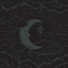 Wall Mural - Mystical dark background including moon with face, lantern and moonbeams with stars, surrounded clouds. Vector illustration in retro style on black backdrop. Esoteric banner with magical crescent