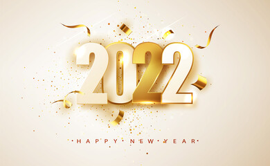 Wall Mural - happy new year 2022. white and golden numbers on white background. holiday greeting card design