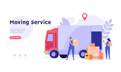 Wall Mural - Moving service in new house or apartment. Delivery truck with cardboard boxes for home stuff. Movers moving in new home. We’re moving concept. Vector illustration for Web Design