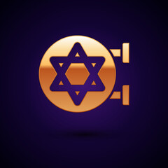 Wall Mural - Gold Jewish synagogue building or jewish temple icon isolated on black background. Hebrew or judaism construction with David star. Vector