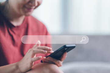 Leinwandbilder - Searching Browsing Internet Data Information Networking, Women use smartphones to Searching information data on internet networking, copy space.