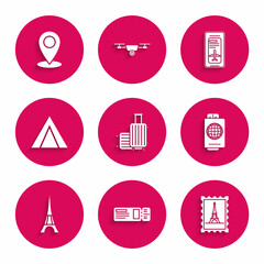 Sticker - Set Suitcase for travel, Travel ticket, Postal stamp and Eiffel tower, Passport with, Tourist tent, Smartphone electronic boarding pass airline and Map pin icon. Vector