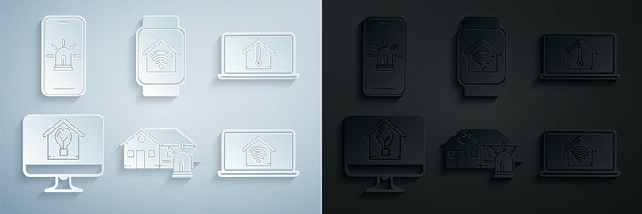 Wall Mural - Set Smart house and alarm, Laptop with temperature, Computer monitor smart light bulb, home wi-fi, watch and Mobile phone icon. Vector