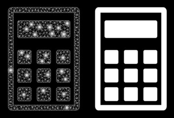 Glossy mesh vector calculator with glare effect. White mesh, light spots on a black background with calculator icon. Mesh and glare elements are placed on different layers.