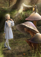A 3d Digital Render Of A Young Girl In A Fantastical Land Talking To A Tortoise With Sunglasses.
