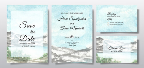 Watercolor wedding invitation set with sky and hill landscape