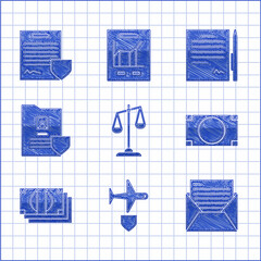 Poster - Set Scales of justice, Plane with shield, Mail and e-mail, Stacks paper money cash, Document, Contract pen and icon. Vector