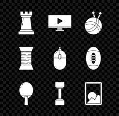 Poster - Set Chess symbol, Online play video, Yarn ball with knitting needles, Racket for playing table tennis, Dumbbell, Picture landscape, Sewing thread on spool and Computer mouse icon. Vector