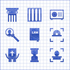 Sticker - Set Law book, Old hourglass, Face recognition, Fingerprint, Oath the Holy Bible, Magnifying for search, Safe and pillar icon. Vector