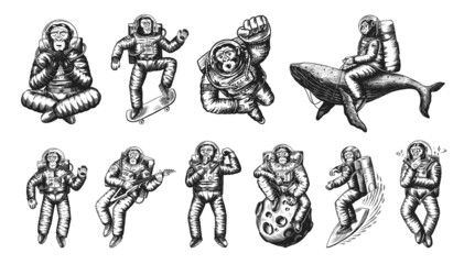 Monkey astronaut with whale, guitar, skateboard and moon. Chimpanzee spaceman cosmonaut characters set. Astronomical galaxy space. Funny cosmonaut explore adventure.Hand drawn old sketch line