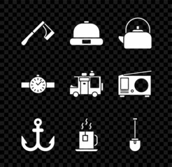 Wall Mural - Set Wooden axe, Beanie hat, Kettle with handle, Anchor, Cup of tea tea bag, Shovel, Wrist watch and Rv Camping trailer icon. Vector