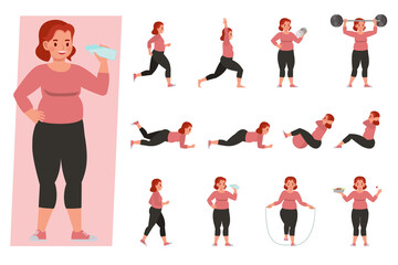 Set of fat woman with overweight doing exercises character vector design. Presentation in various action with emotions, running, standing and walking.