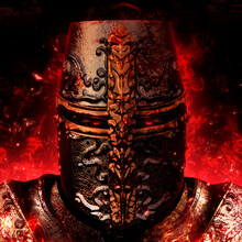 Fantasy 3d Render Illustration Of Possessed Evil Crusader, Templar Or Knight Paladin In Medieval Golden Engraved Helmet And Body Armor Standing In Fire And Ashes With Glowing Red Eyes.