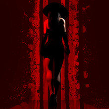 3d Render Noir Illustration Of Sexy Lady In Black Dress And Hat Walking On Red And Black Colored Bloody Room Background.