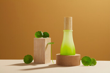 Wall Mural - Cosmetics product bottles on greek style podium with centella asiatica ingredients on brown background. Minimalism style. Blank bottle for mockup. 