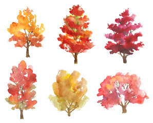 Set of hand drawn watercolor autumn trees isolated on white