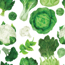 Cabbage And Green Veggies, Seamless Pattern, Hand Drawn