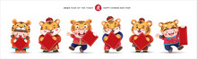 2022 Chinese New Year, Year Of The Tiger. Cute Little Kids And Tigers Holding Blank Red Blessing Card For Your Own Text.
