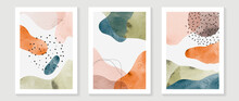 Mid Century Modern Triptych Wall Art Vector. Abstract Art Background With Abstract Shapes Line Drawing  And Watercolor Texture. Hand Paint Design For Wall Decor, Poster And Wallpaper.