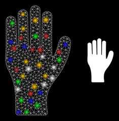 Wall Mural - Glowing mesh web human hand with multicolored light spots. Constellation vector model created from human hand pictogram. Sparkle constellation mesh human hand, on a black backgound.