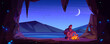 Alone castaway man in cave on uninhabited island with bonfire at night. Shipwrecked sad survivor bask by the fire on sea shore at stone cavern entrance after shipwreck Cartoon vector illustration