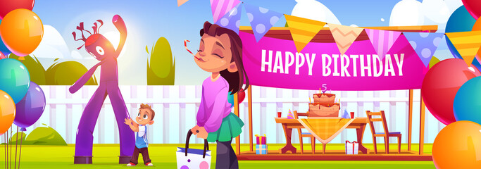 Wall Mural - Happy birthday poster with party decorations on backyard and children. Vector banner with cartoon illustration of kids celebrate holiday in garden with inflatable tube man, balloons and cake