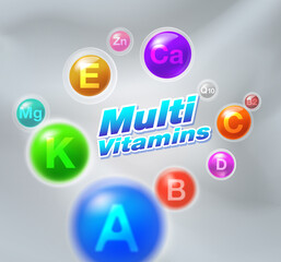 Wall Mural - Multivitamins minerals Complex Capsule with Contains Vitamin Medicines for health promotion, treatment, package and used as medical illustrations.