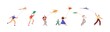© Good Studio - Set of people playing with air kites and fly it to sky. Happy joyful man, woman, kid running and walking, holding flying wind toy in hands. Flat vector illustration isolated on white background