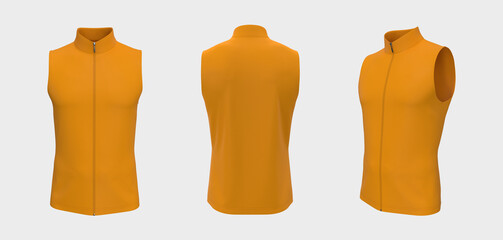 Sleeveless cycling jersey mockup in front, side and back, 3d rendering, 3d illustration