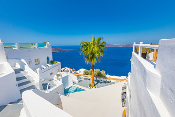 Wall Mural - Perfect view in Santorini with white architecture luxury infinity pool over cruise ships and blue sea. Luxury summer vacation and holiday concept. Amazing landscape caldera view