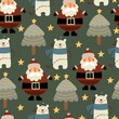 holiday Seamless pattern with cartoon polar bear, Santa Claus, trees, decor elements. colorful vector for kids, flat style. hand drawing. Baby design for fabric, textile, print, wrapper.